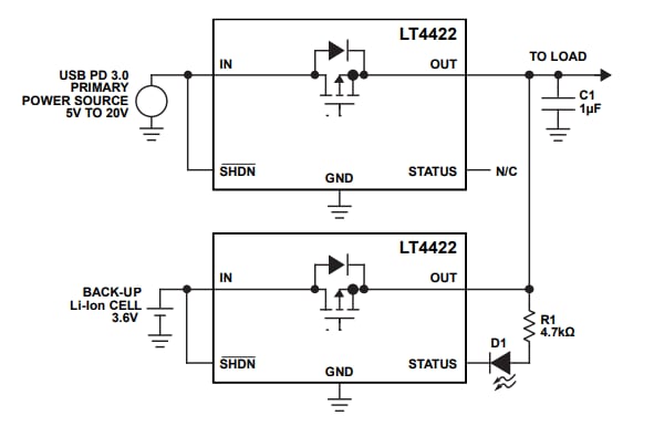 アプリケーション回路図 - Analog Devices Inc. LT4422 理想ダイオード アプリケーション回路図 - Analog Devices Inc. LT4422 理想ダイオード
